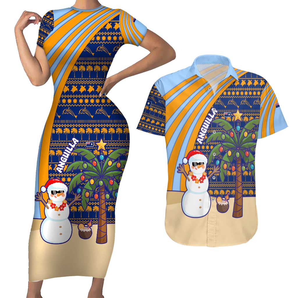 Anguilla Christmas Couples Matching Short Sleeve Bodycon Dress and Hawaiian Shirt with Snowman Palm Tree Ornaments Coconut Drink and Island Pattern Design - Wonder Print Shop