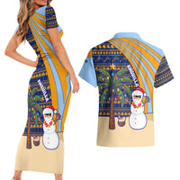 Anguilla Christmas Couples Matching Short Sleeve Bodycon Dress and Hawaiian Shirt with Snowman Palm Tree Ornaments Coconut Drink and Island Pattern Design - Wonder Print Shop
