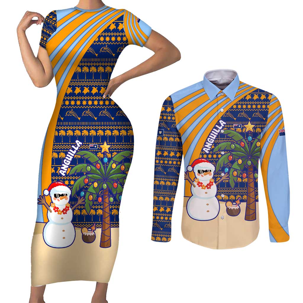 Anguilla Christmas Couples Matching Short Sleeve Bodycon Dress and Long Sleeve Button Shirt with Snowman Palm Tree Ornaments Coconut Drink and Island Pattern Design - Wonder Print Shop