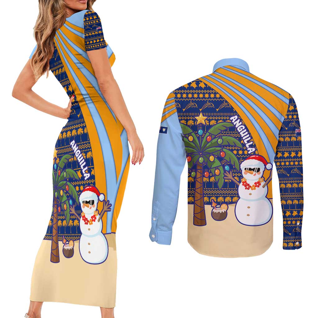 Anguilla Christmas Couples Matching Short Sleeve Bodycon Dress and Long Sleeve Button Shirt with Snowman Palm Tree Ornaments Coconut Drink and Island Pattern Design - Wonder Print Shop