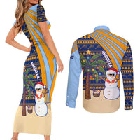 Anguilla Christmas Couples Matching Short Sleeve Bodycon Dress and Long Sleeve Button Shirt with Snowman Palm Tree Ornaments Coconut Drink and Island Pattern Design - Wonder Print Shop