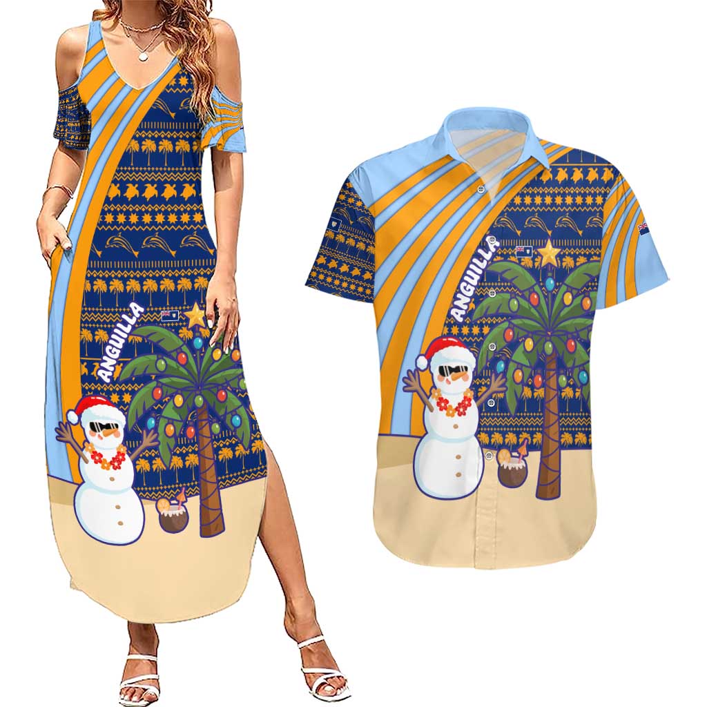 Anguilla Christmas Couples Matching Summer Maxi Dress and Hawaiian Shirt with Snowman Palm Tree Ornaments Coconut Drink and Island Pattern Design - Wonder Print Shop