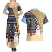 Anguilla Christmas Couples Matching Summer Maxi Dress and Hawaiian Shirt with Snowman Palm Tree Ornaments Coconut Drink and Island Pattern Design - Wonder Print Shop