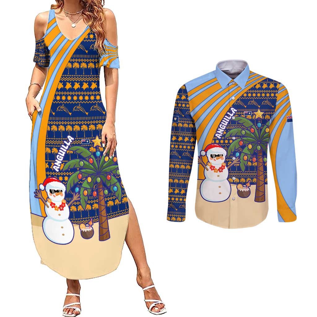 Anguilla Christmas Couples Matching Summer Maxi Dress and Long Sleeve Button Shirt with Snowman Palm Tree Ornaments Coconut Drink and Island Pattern Design - Wonder Print Shop