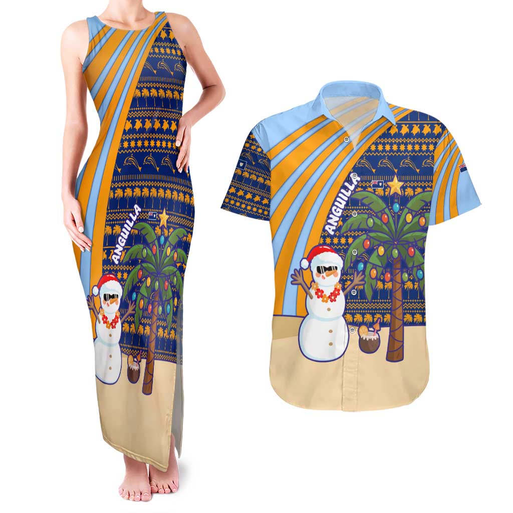 Anguilla Christmas Couples Matching Tank Maxi Dress and Hawaiian Shirt with Snowman Palm Tree Ornaments Coconut Drink and Island Pattern Design - Wonder Print Shop