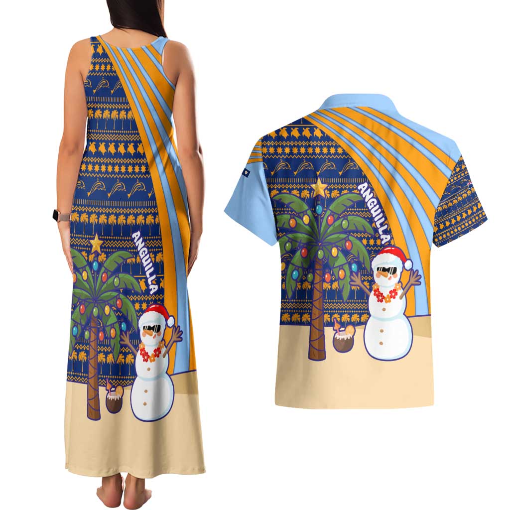 Anguilla Christmas Couples Matching Tank Maxi Dress and Hawaiian Shirt with Snowman Palm Tree Ornaments Coconut Drink and Island Pattern Design - Wonder Print Shop
