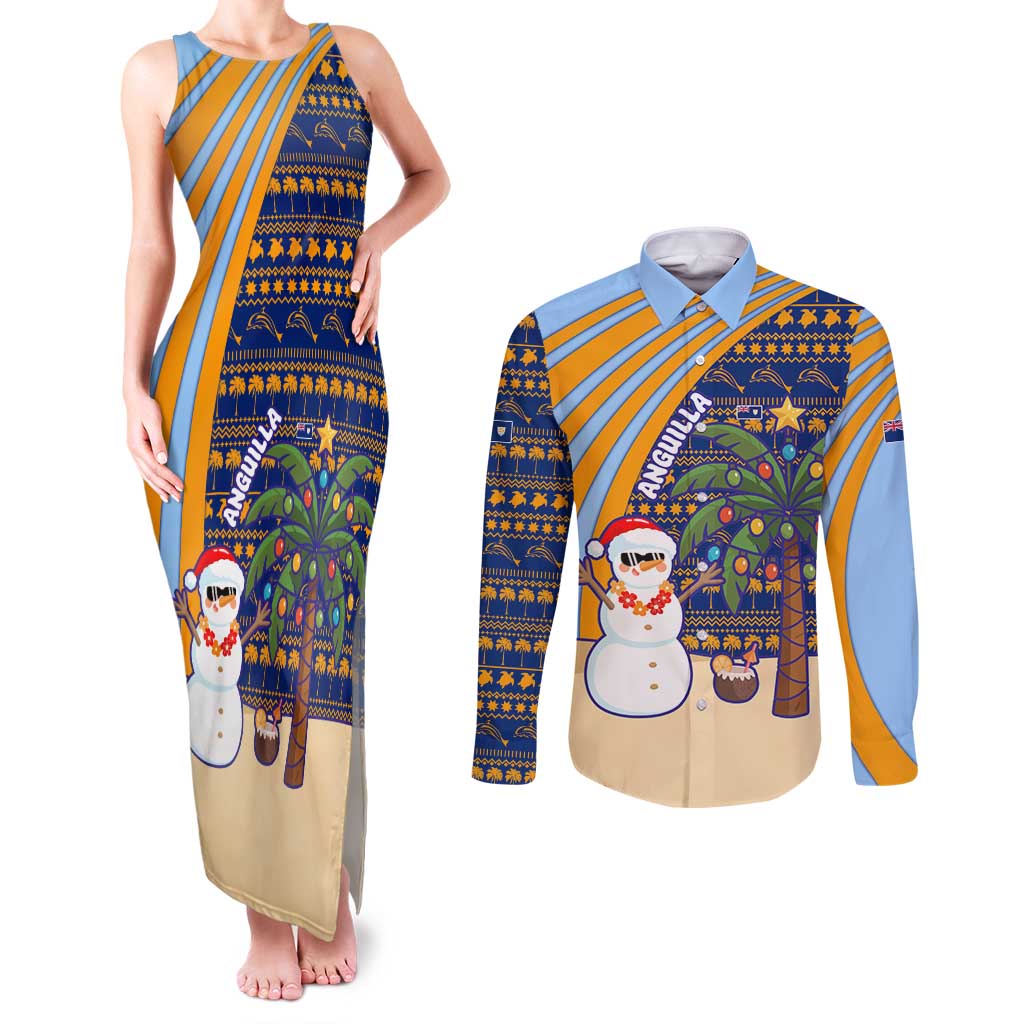 Anguilla Christmas Couples Matching Tank Maxi Dress and Long Sleeve Button Shirt with Snowman Palm Tree Ornaments Coconut Drink and Island Pattern Design - Wonder Print Shop