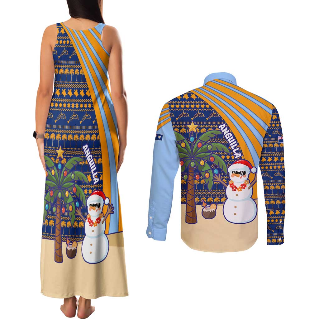 Anguilla Christmas Couples Matching Tank Maxi Dress and Long Sleeve Button Shirt with Snowman Palm Tree Ornaments Coconut Drink and Island Pattern Design - Wonder Print Shop