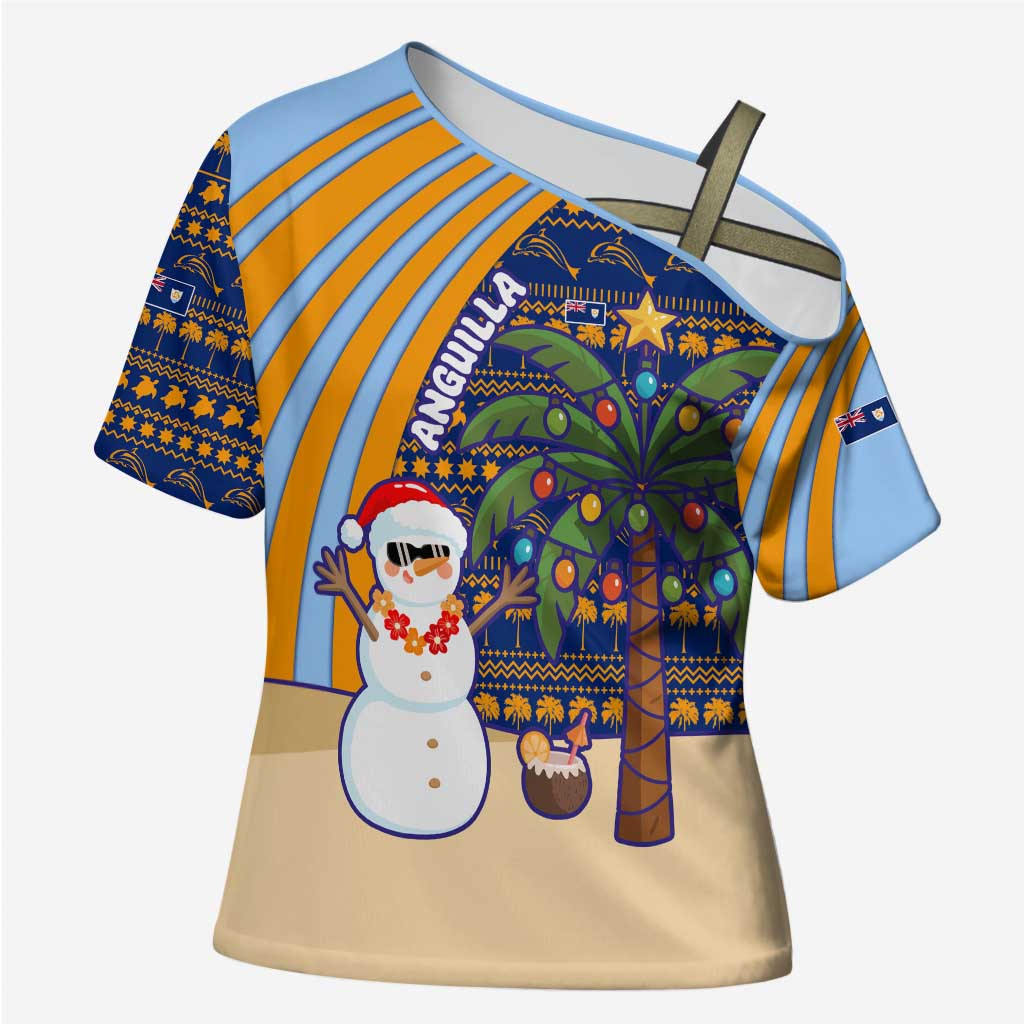 Anguilla Christmas Cross Shoulder Shirt with Snowman Palm Tree Ornaments Coconut Drink and Island Pattern Design - Wonder Print Shop