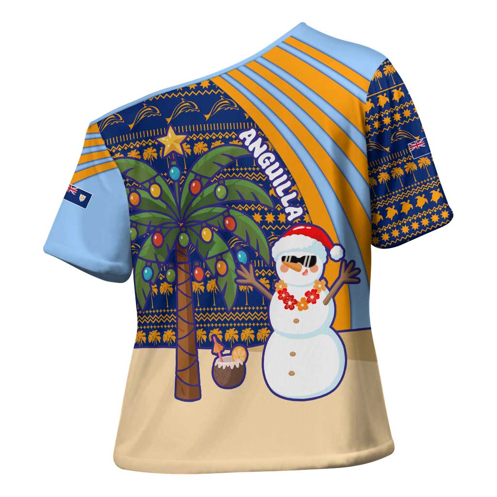 Anguilla Christmas Cross Shoulder Shirt with Snowman Palm Tree Ornaments Coconut Drink and Island Pattern Design - Wonder Print Shop