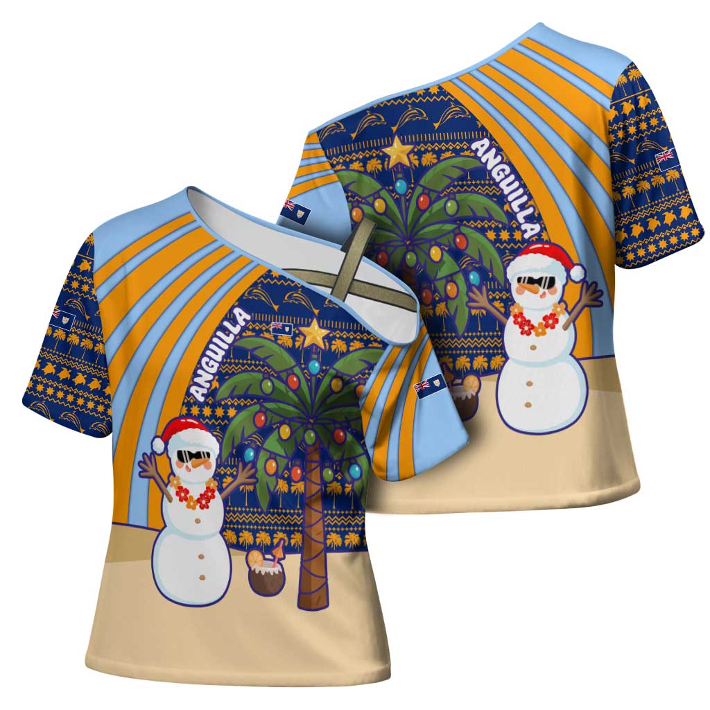 Anguilla Christmas Cross Shoulder Shirt with Snowman Palm Tree Ornaments Coconut Drink and Island Pattern Design - Wonder Print Shop
