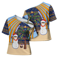 Anguilla Christmas Cross Shoulder Shirt with Snowman Palm Tree Ornaments Coconut Drink and Island Pattern Design - Wonder Print Shop