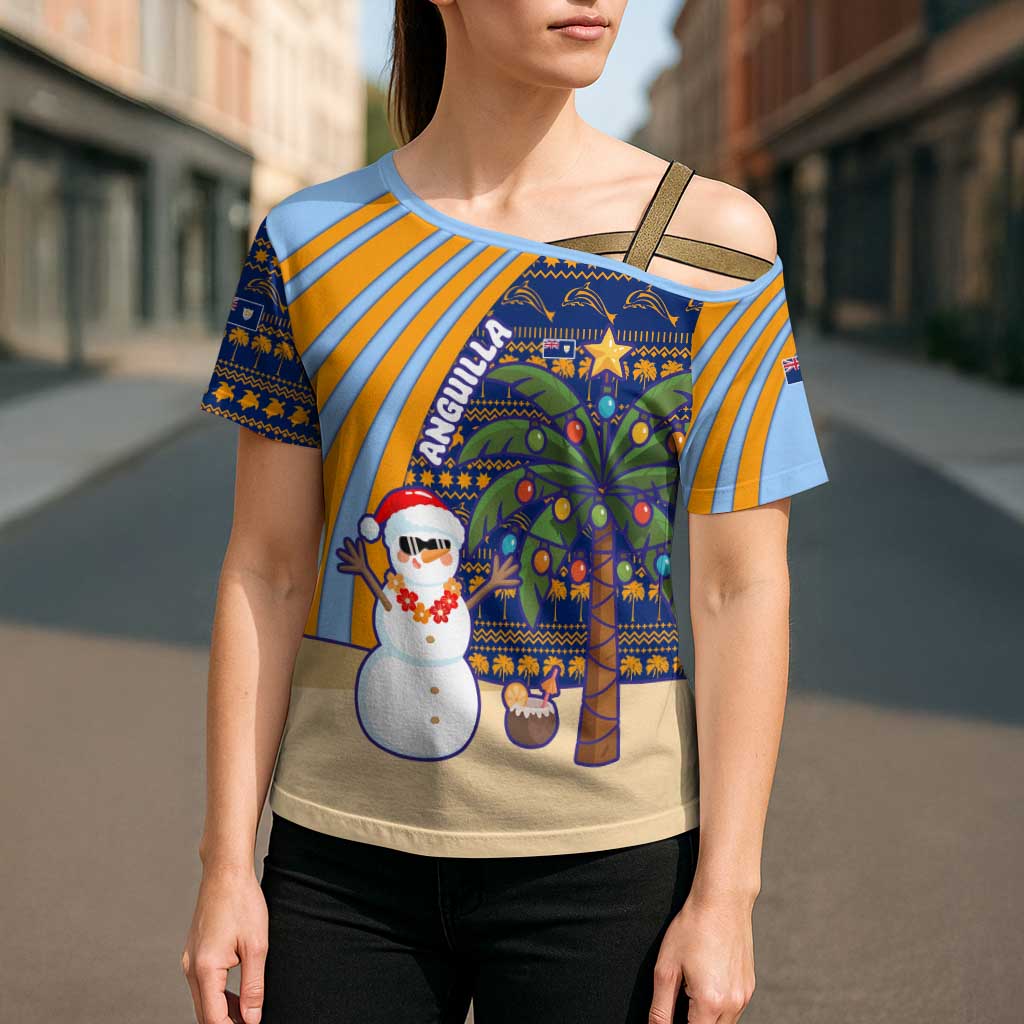 Anguilla Christmas Cross Shoulder Shirt with Snowman Palm Tree Ornaments Coconut Drink and Island Pattern Design - Wonder Print Shop