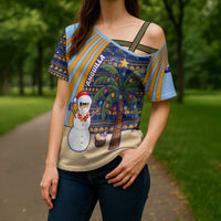 Anguilla Christmas Cross Shoulder Shirt with Snowman Palm Tree Ornaments Coconut Drink and Island Pattern Design - Wonder Print Shop