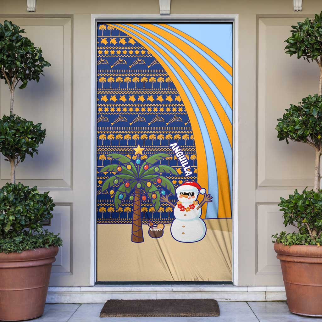 Anguilla Christmas Door Cover with Snowman Palm Tree Ornaments Coconut Drink and Island Pattern Design - Wonder Print Shop
