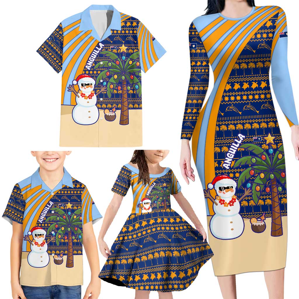 Anguilla Christmas Family Matching Long Sleeve Bodycon Dress and Hawaiian Shirt with Snowman Palm Tree Ornaments Coconut Drink and Island Pattern Design - Wonder Print Shop