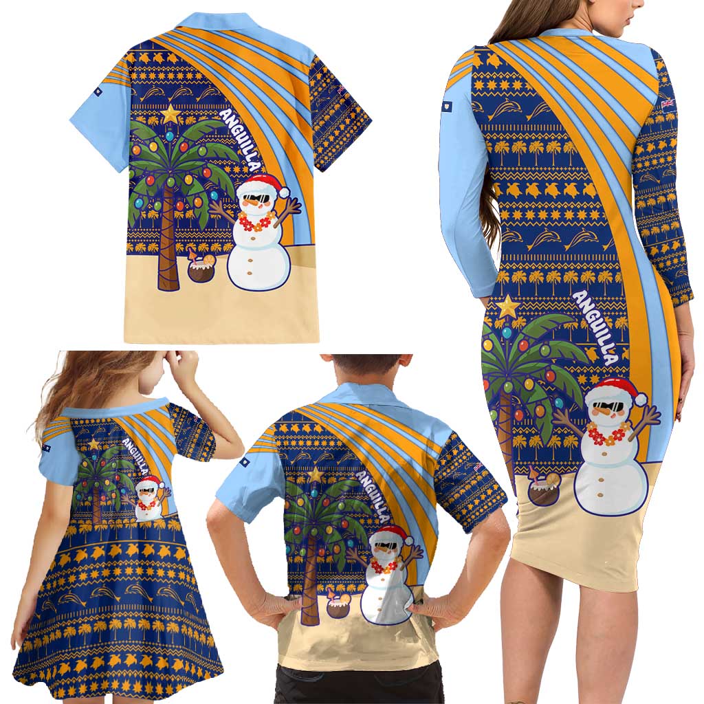 Anguilla Christmas Family Matching Long Sleeve Bodycon Dress and Hawaiian Shirt with Snowman Palm Tree Ornaments Coconut Drink and Island Pattern Design - Wonder Print Shop