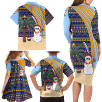 Anguilla Christmas Family Matching Long Sleeve Bodycon Dress and Hawaiian Shirt with Snowman Palm Tree Ornaments Coconut Drink and Island Pattern Design - Wonder Print Shop