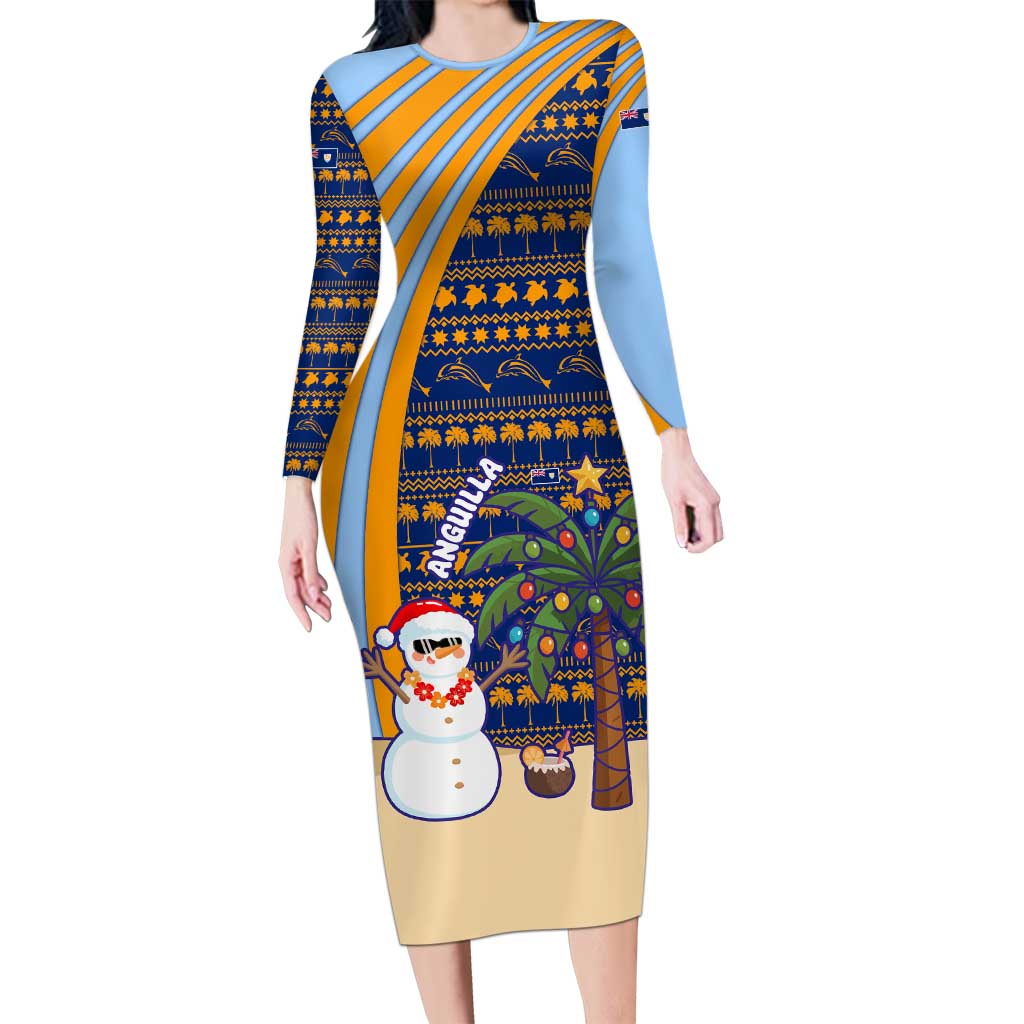 Anguilla Christmas Family Matching Long Sleeve Bodycon Dress and Hawaiian Shirt with Snowman Palm Tree Ornaments Coconut Drink and Island Pattern Design - Wonder Print Shop