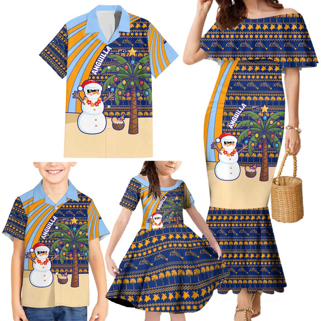 Anguilla Christmas Family Matching Mermaid Dress and Hawaiian Shirt with Snowman Palm Tree Ornaments Coconut Drink and Island Pattern Design - Wonder Print Shop