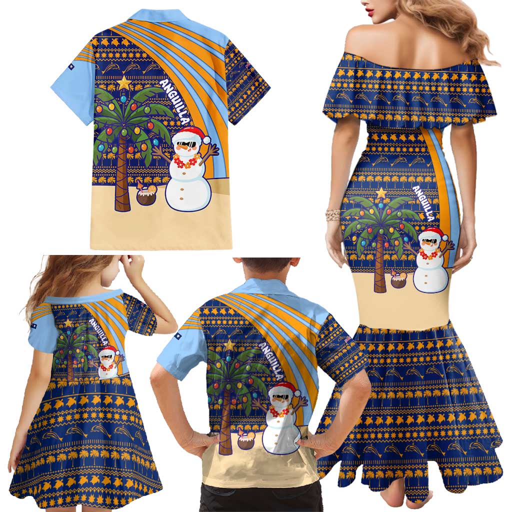 Anguilla Christmas Family Matching Mermaid Dress and Hawaiian Shirt with Snowman Palm Tree Ornaments Coconut Drink and Island Pattern Design - Wonder Print Shop