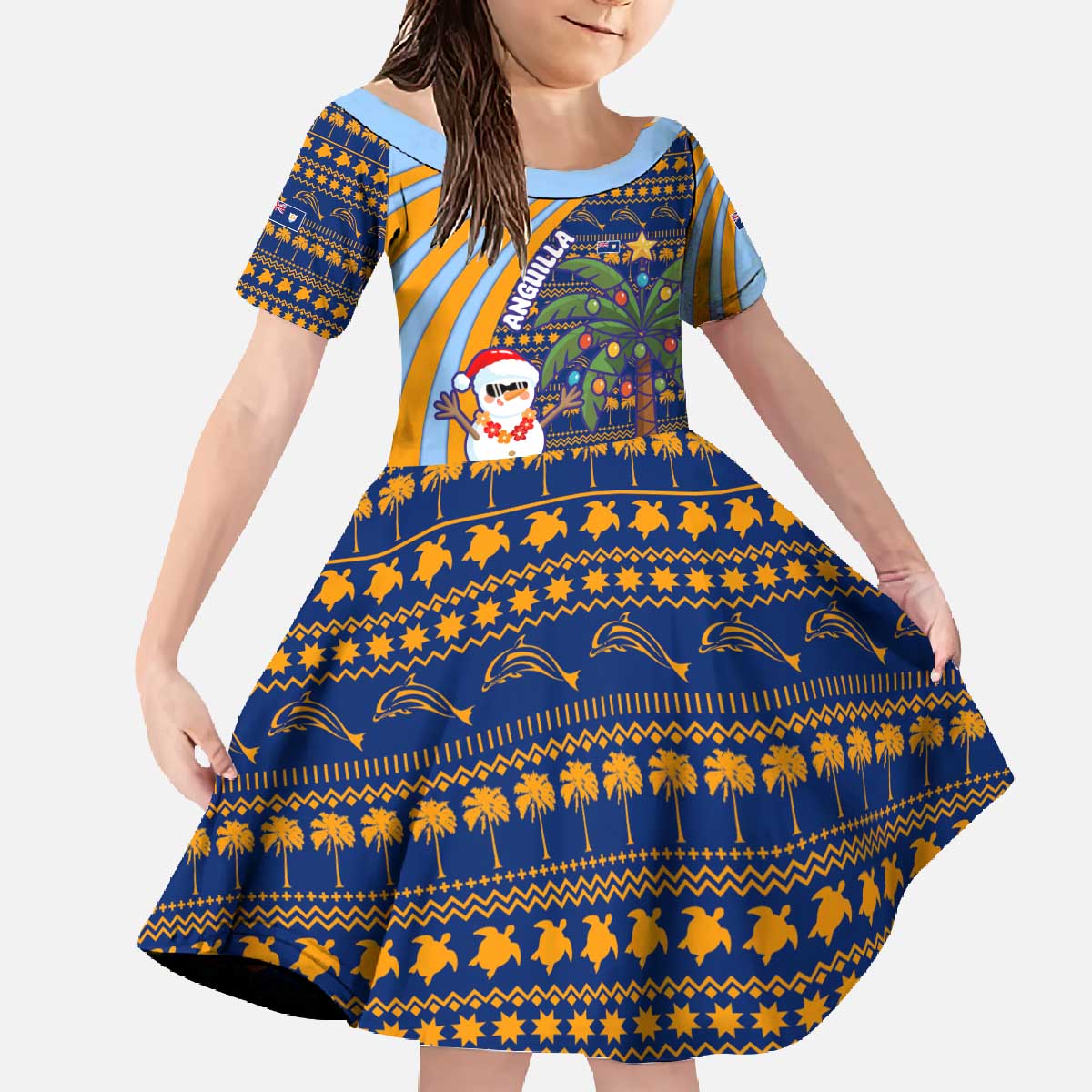 Anguilla Christmas Family Matching Off The Shoulder Long Sleeve Dress and Hawaiian Shirt with Snowman Palm Tree Ornaments Coconut Drink and Island Pattern Design - Wonder Print Shop