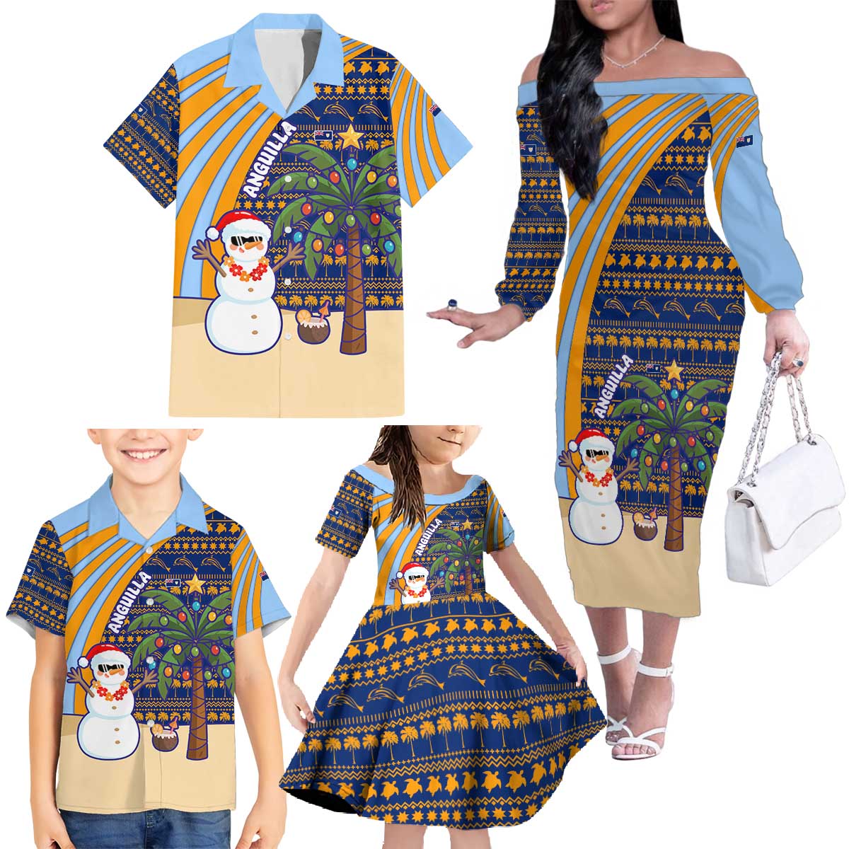Anguilla Christmas Family Matching Off The Shoulder Long Sleeve Dress and Hawaiian Shirt with Snowman Palm Tree Ornaments Coconut Drink and Island Pattern Design - Wonder Print Shop
