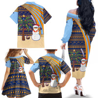 Anguilla Christmas Family Matching Off The Shoulder Long Sleeve Dress and Hawaiian Shirt with Snowman Palm Tree Ornaments Coconut Drink and Island Pattern Design - Wonder Print Shop