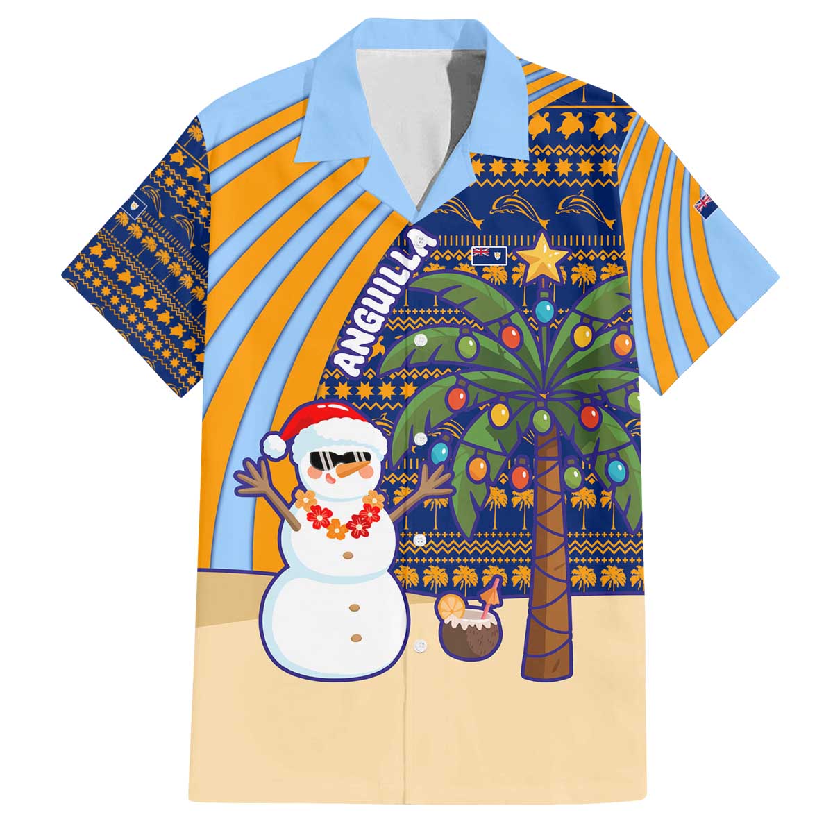 Anguilla Christmas Family Matching Off The Shoulder Long Sleeve Dress and Hawaiian Shirt with Snowman Palm Tree Ornaments Coconut Drink and Island Pattern Design - Wonder Print Shop