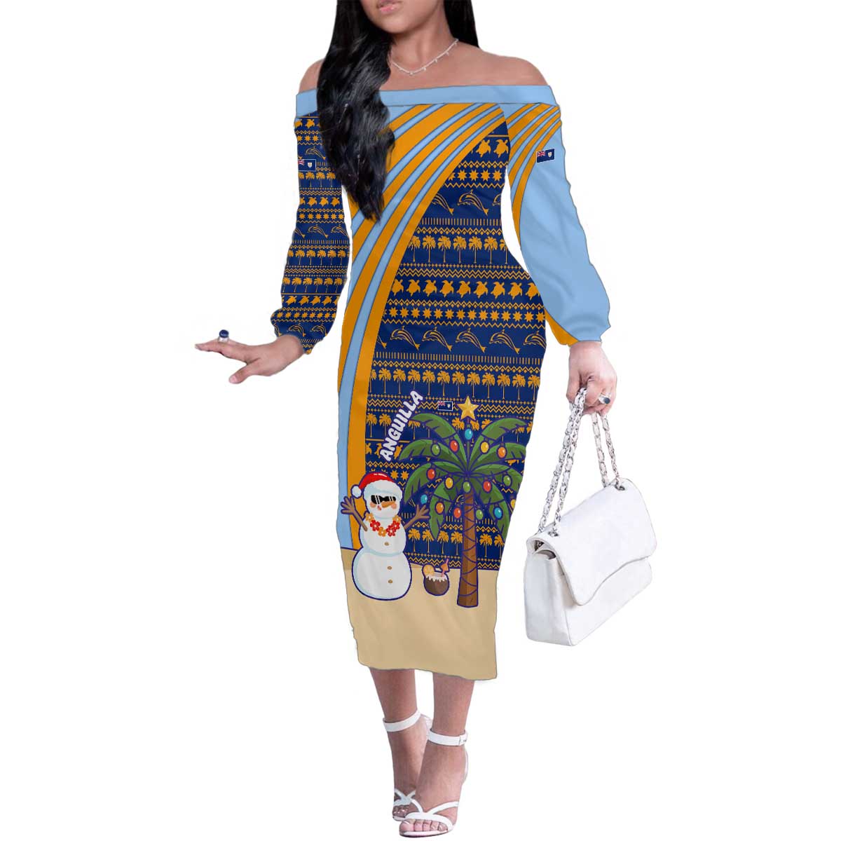 Anguilla Christmas Family Matching Off The Shoulder Long Sleeve Dress and Hawaiian Shirt with Snowman Palm Tree Ornaments Coconut Drink and Island Pattern Design - Wonder Print Shop