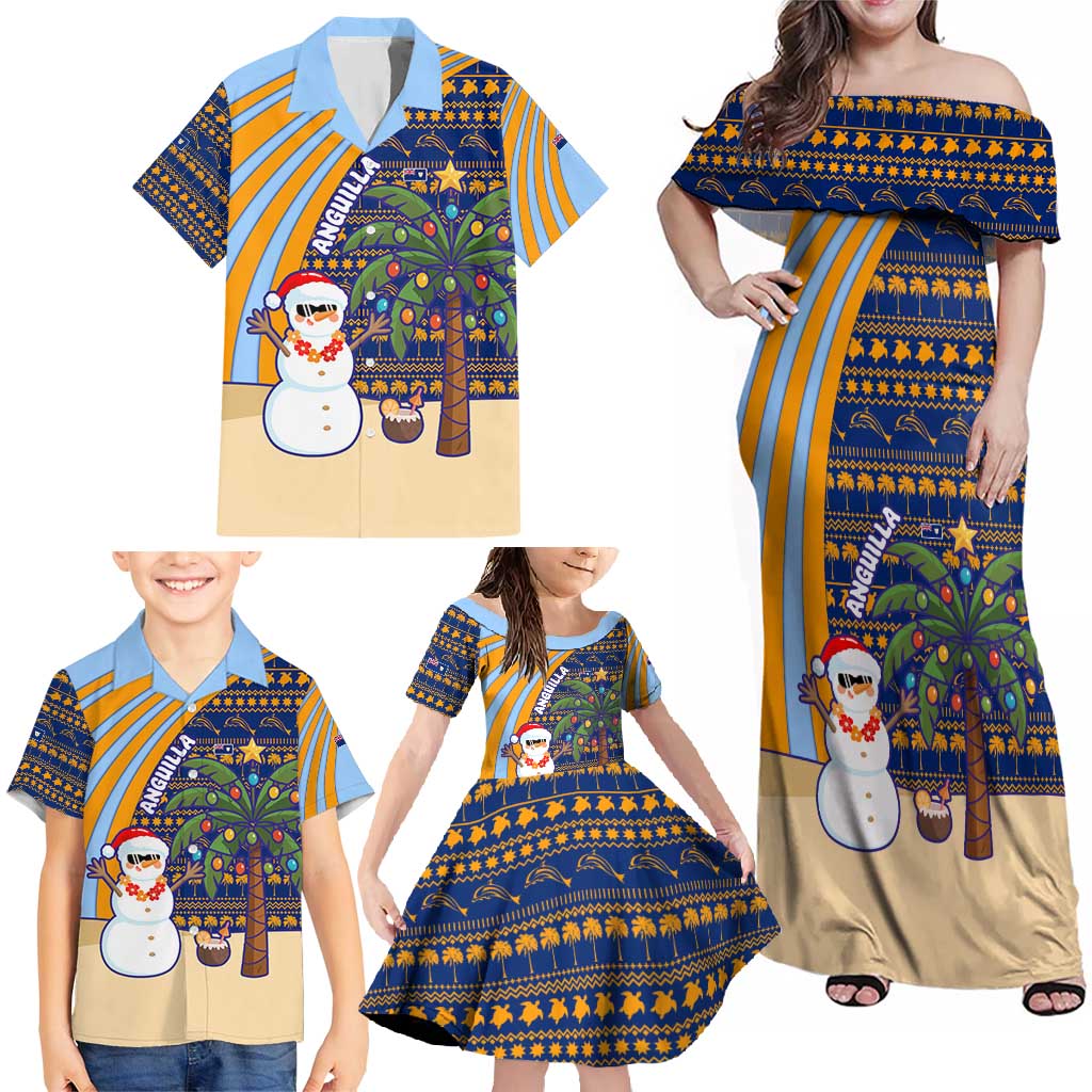 Anguilla Christmas Family Matching Off Shoulder Maxi Dress and Hawaiian Shirt with Snowman Palm Tree Ornaments Coconut Drink and Island Pattern Design - Wonder Print Shop