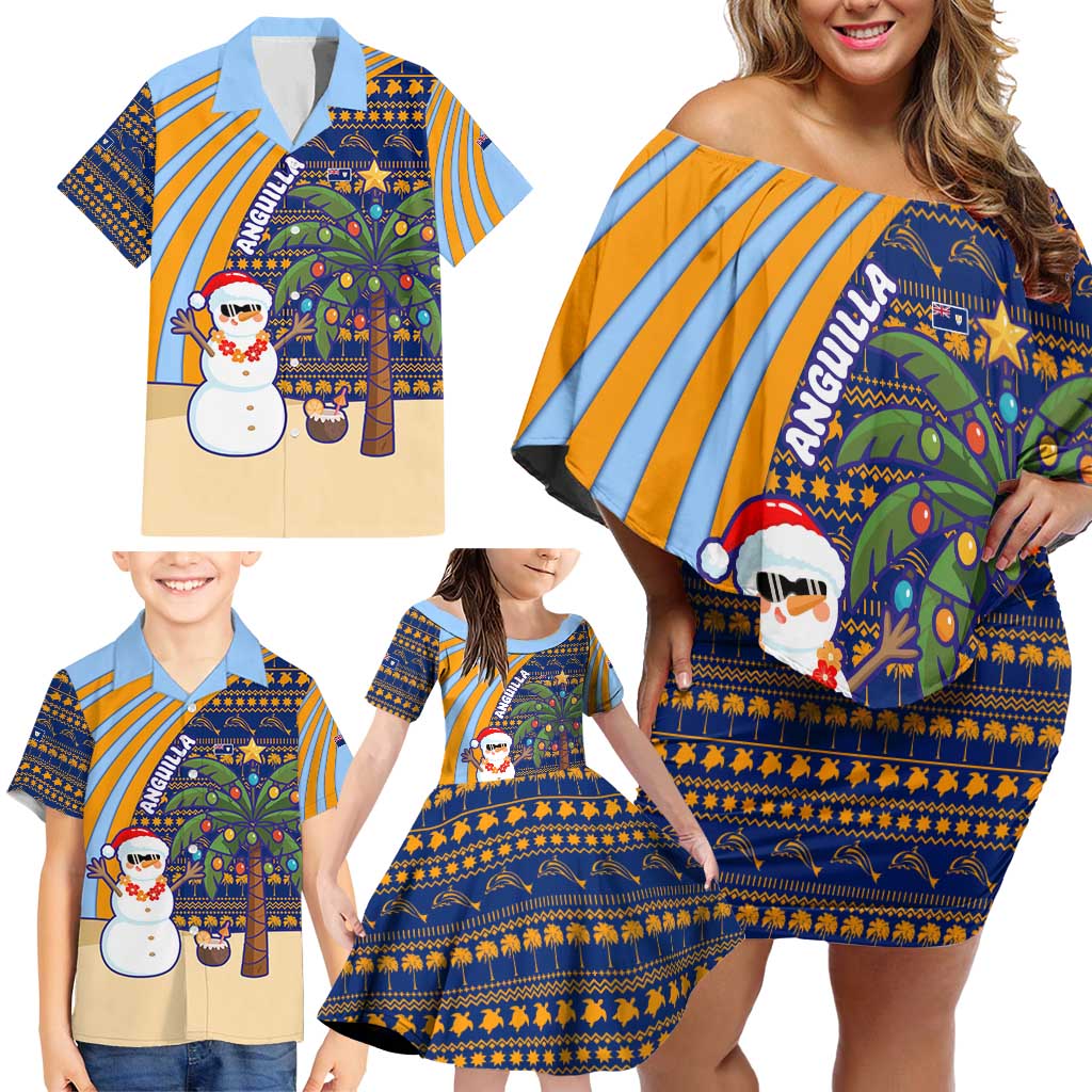 Anguilla Christmas Family Matching Off Shoulder Short Dress and Hawaiian Shirt with Snowman Palm Tree Ornaments Coconut Drink and Island Pattern Design - Wonder Print Shop