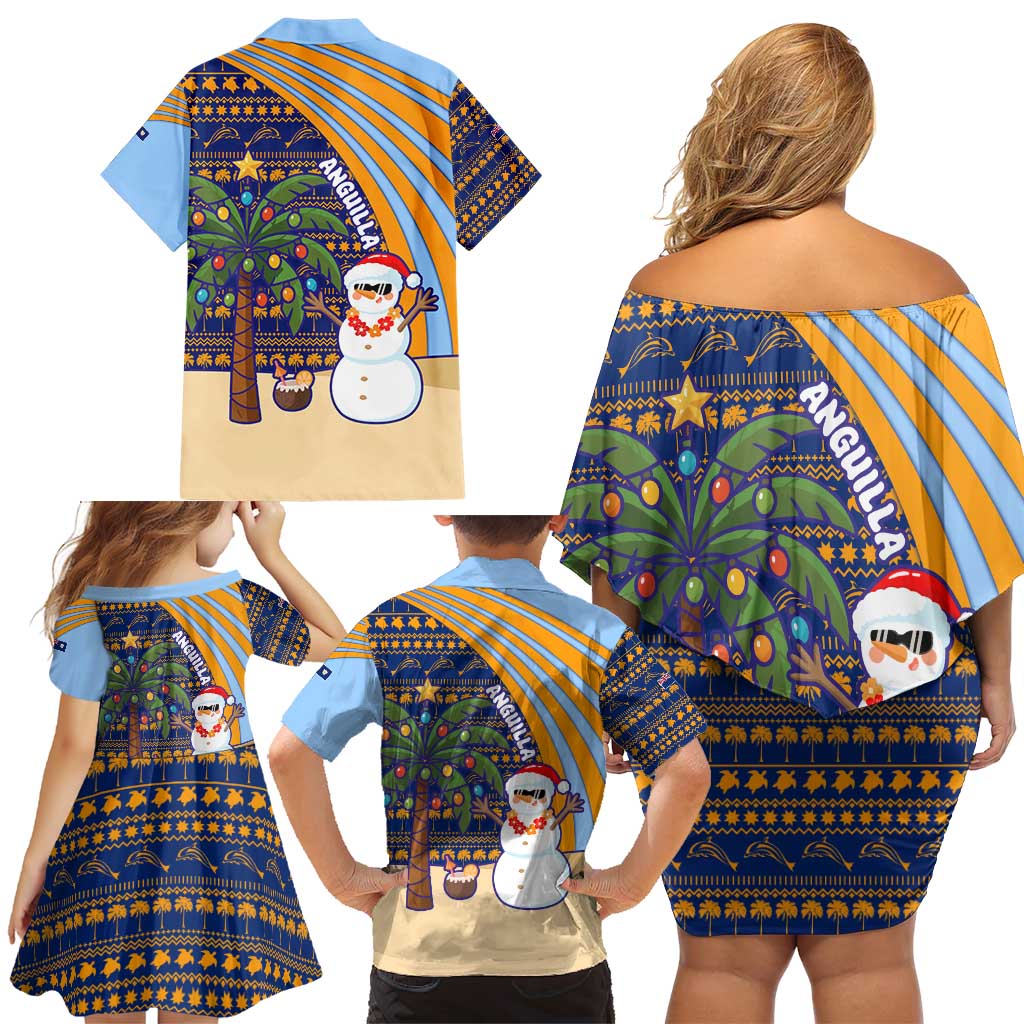 Anguilla Christmas Family Matching Off Shoulder Short Dress and Hawaiian Shirt with Snowman Palm Tree Ornaments Coconut Drink and Island Pattern Design - Wonder Print Shop