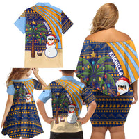 Anguilla Christmas Family Matching Off Shoulder Short Dress and Hawaiian Shirt with Snowman Palm Tree Ornaments Coconut Drink and Island Pattern Design - Wonder Print Shop