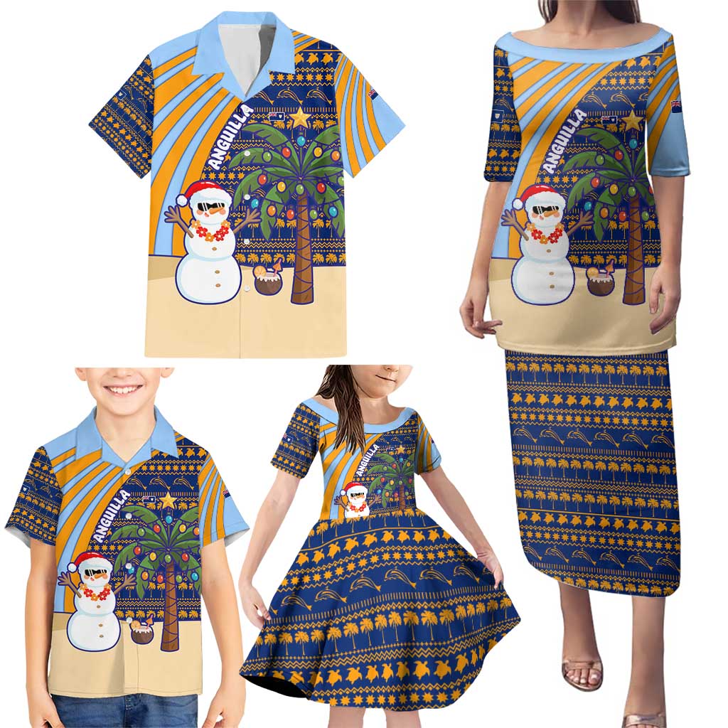 Anguilla Christmas Family Matching Puletasi and Hawaiian Shirt with Snowman Palm Tree Ornaments Coconut Drink and Island Pattern Design - Wonder Print Shop