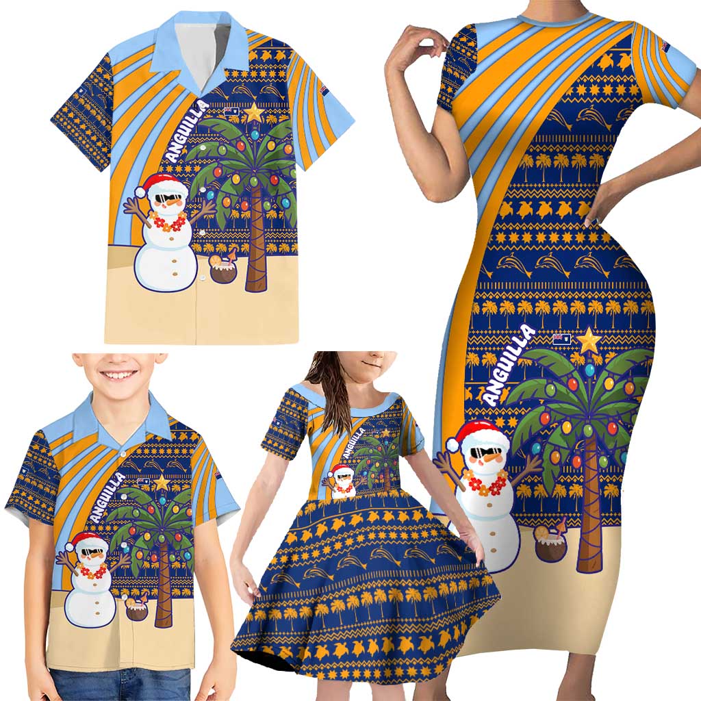 Anguilla Christmas Family Matching Short Sleeve Bodycon Dress and Hawaiian Shirt with Snowman Palm Tree Ornaments Coconut Drink and Island Pattern Design - Wonder Print Shop