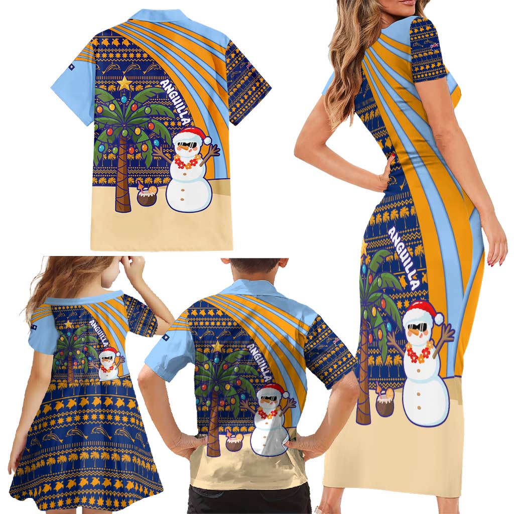 Anguilla Christmas Family Matching Short Sleeve Bodycon Dress and Hawaiian Shirt with Snowman Palm Tree Ornaments Coconut Drink and Island Pattern Design - Wonder Print Shop