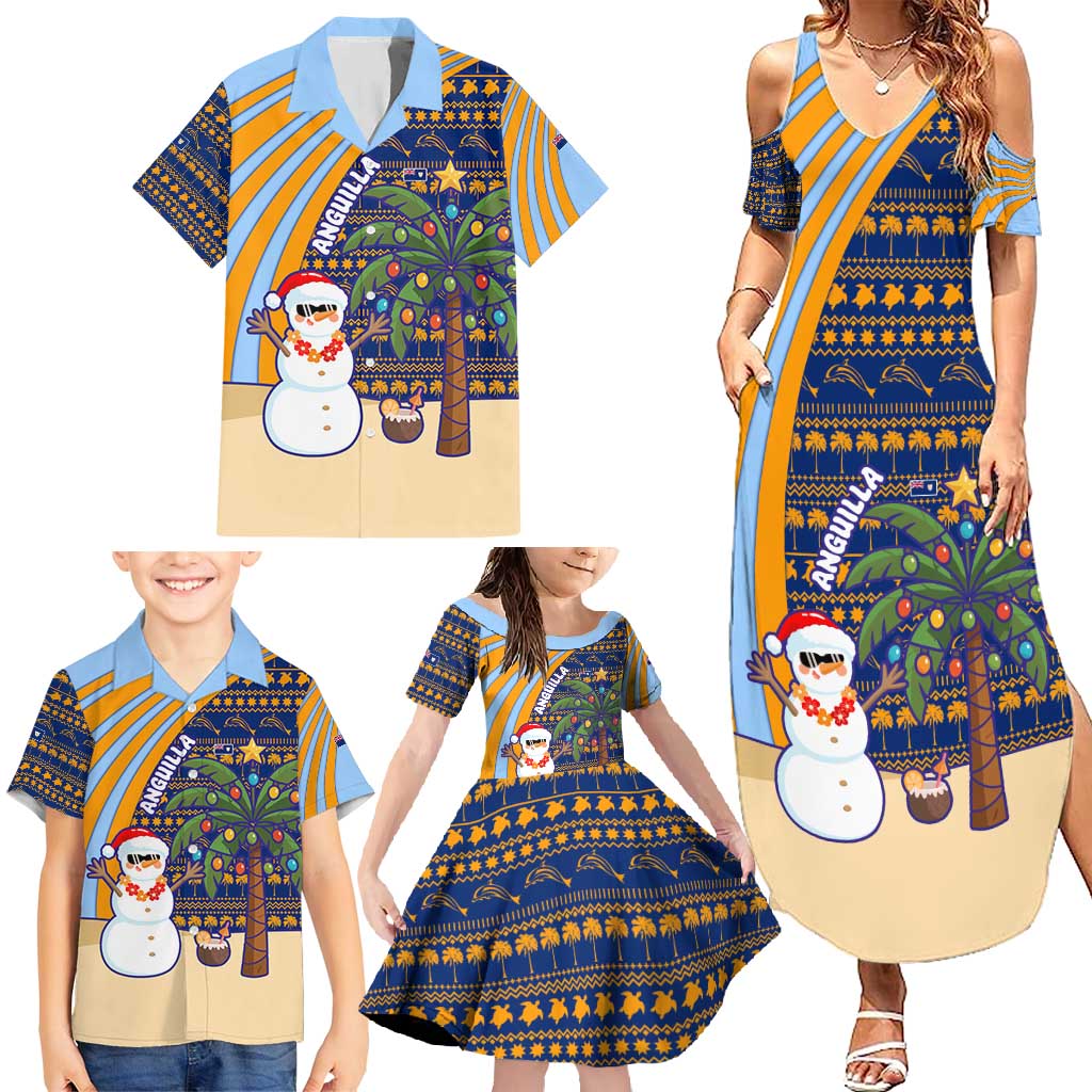 Anguilla Christmas Family Matching Summer Maxi Dress and Hawaiian Shirt with Snowman Palm Tree Ornaments Coconut Drink and Island Pattern Design - Wonder Print Shop