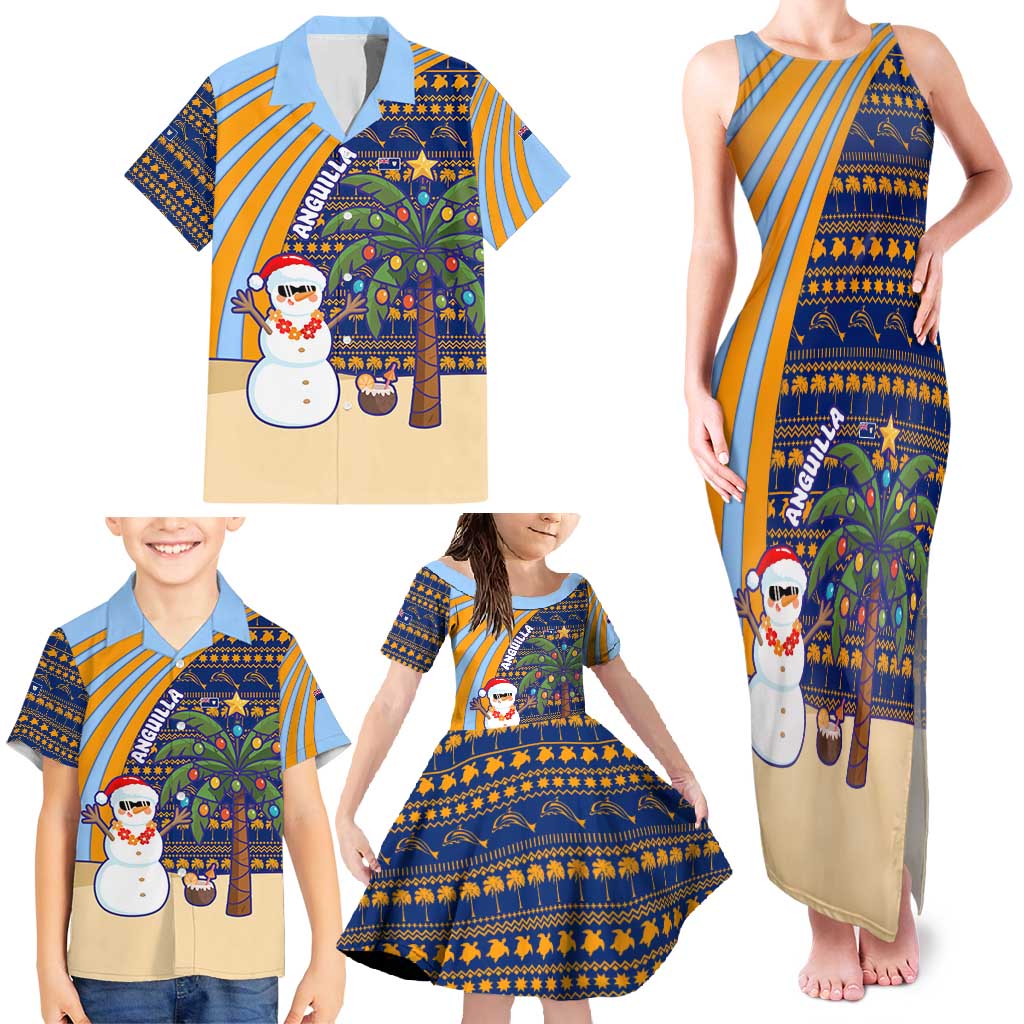 Anguilla Christmas Family Matching Tank Maxi Dress and Hawaiian Shirt with Snowman Palm Tree Ornaments Coconut Drink and Island Pattern Design - Wonder Print Shop