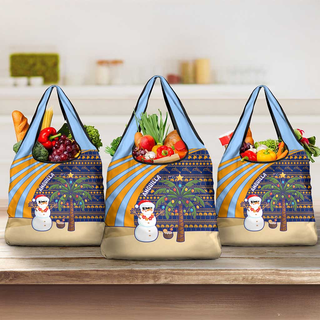Anguilla Christmas Grocery Bag with Snowman Palm Tree Ornaments Coconut Drink and Island Pattern Design - Wonder Print Shop