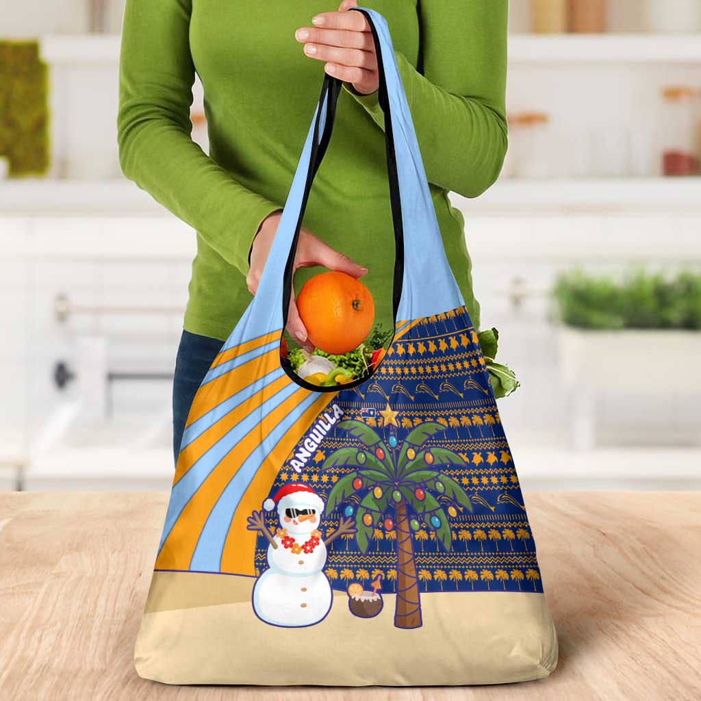 Anguilla Christmas Grocery Bag with Snowman Palm Tree Ornaments Coconut Drink and Island Pattern Design - Wonder Print Shop