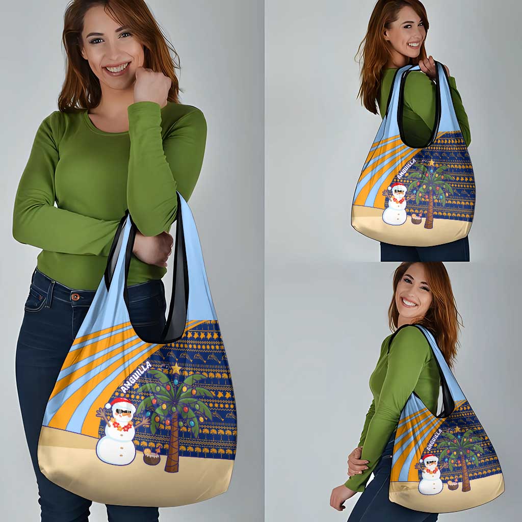 Anguilla Christmas Grocery Bag with Snowman Palm Tree Ornaments Coconut Drink and Island Pattern Design - Wonder Print Shop