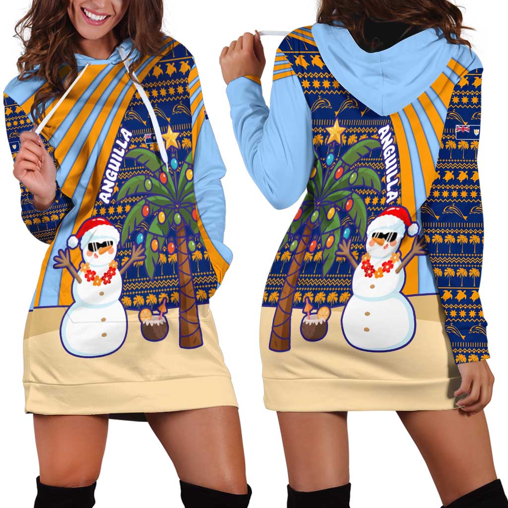 Anguilla Christmas Hoodie Dress with Snowman Palm Tree Ornaments Coconut Drink and Island Pattern Design - Wonder Print Shop