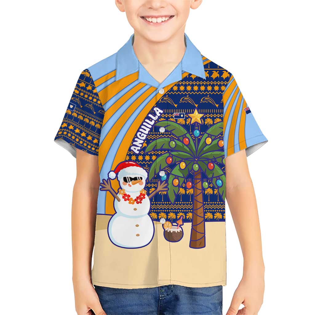 Anguilla Christmas Kid Hawaiian Shirt with Snowman Palm Tree Ornaments Coconut Drink and Island Pattern Design - Wonder Print Shop