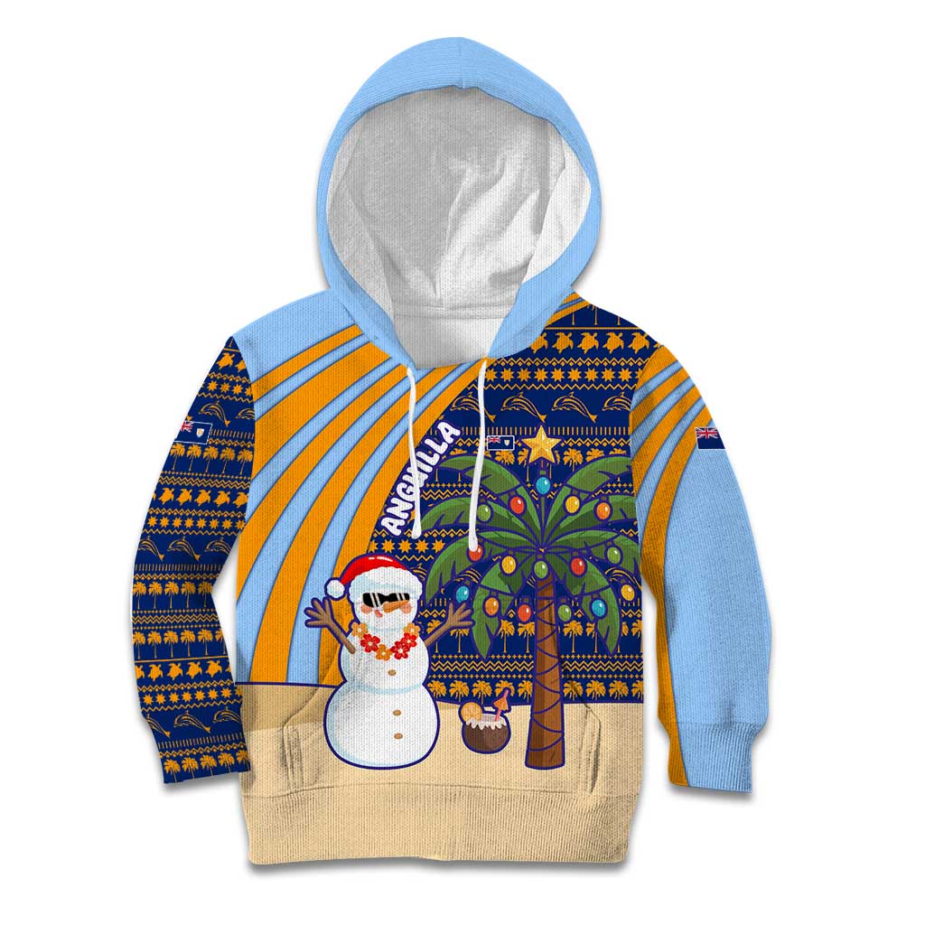 Anguilla Christmas Kid Hoodie with Snowman Palm Tree Ornaments Coconut Drink and Island Pattern Design - Wonder Print Shop