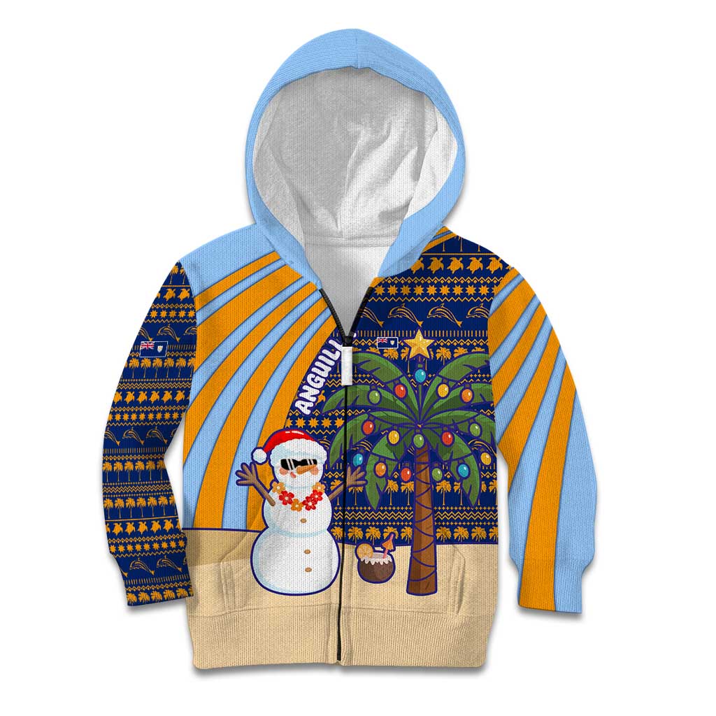 Anguilla Christmas Kid Hoodie with Snowman Palm Tree Ornaments Coconut Drink and Island Pattern Design - Wonder Print Shop