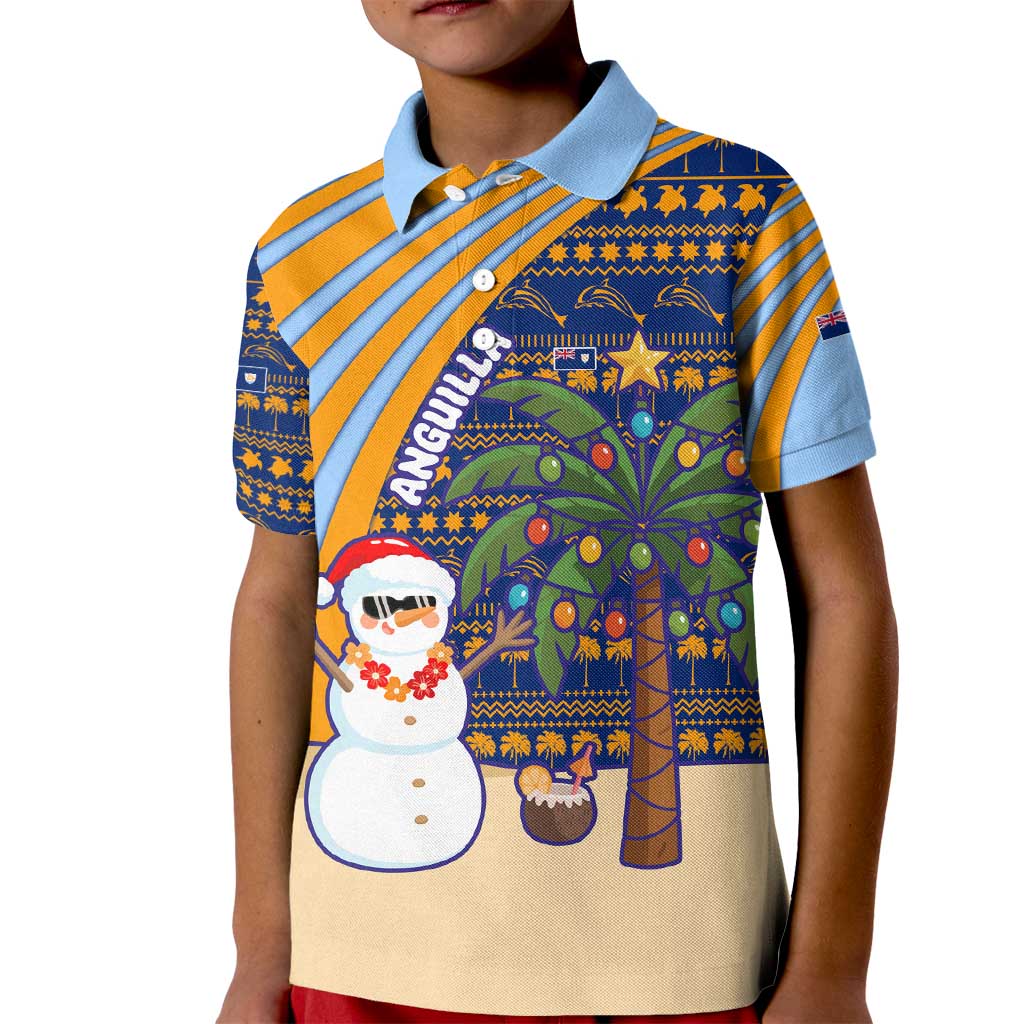 Anguilla Christmas Kid Polo Shirt with Snowman Palm Tree Ornaments Coconut Drink and Island Pattern Design - Wonder Print Shop