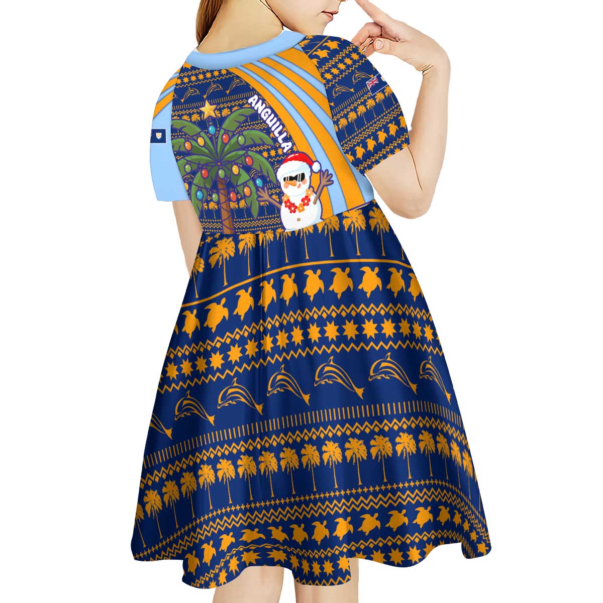 Anguilla Christmas Kid Short Sleeve Dress with Snowman Palm Tree Ornaments Coconut Drink and Island Pattern Design - Wonder Print Shop