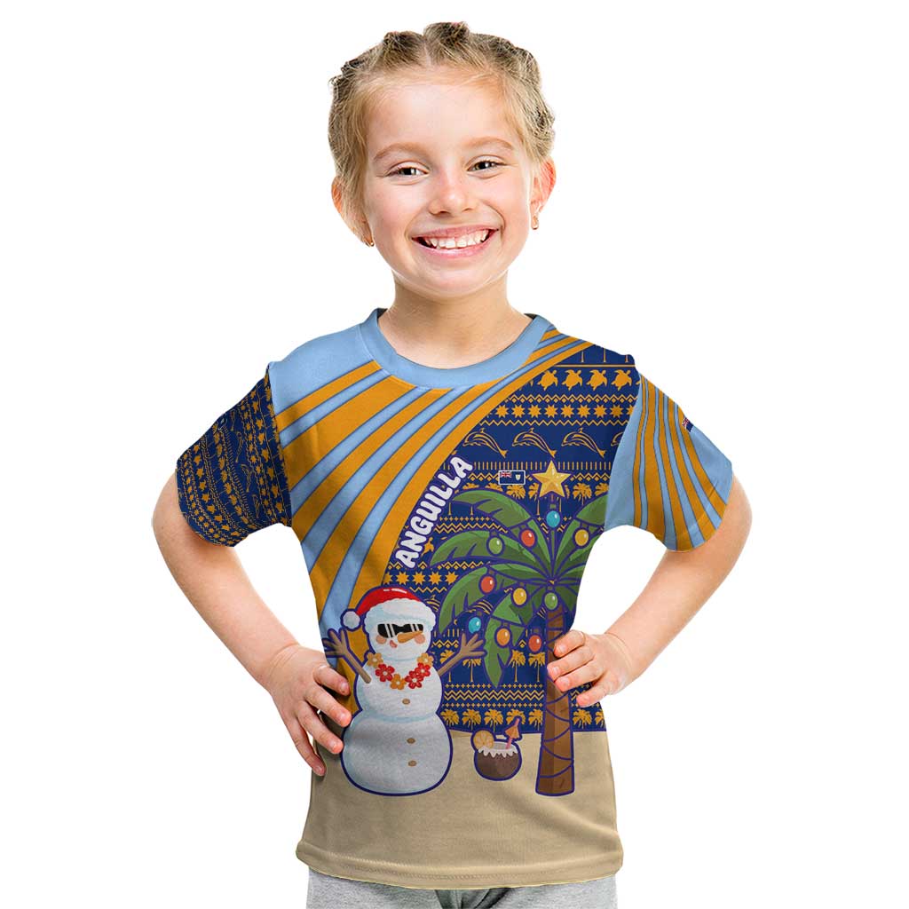 Anguilla Christmas Kid T Shirt with Snowman Palm Tree Ornaments Coconut Drink and Island Pattern Design - Wonder Print Shop