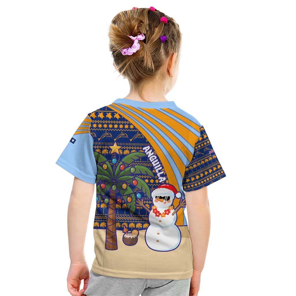 Anguilla Christmas Kid T Shirt with Snowman Palm Tree Ornaments Coconut Drink and Island Pattern Design - Wonder Print Shop